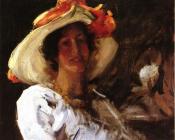 威廉梅里特查斯 - Portrait of Clara Stephens Wearing a Hat with an Orange Ribbon